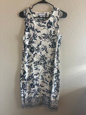 Charter Club Ivory Navy Floral Sleeveless Shift Dress Size M